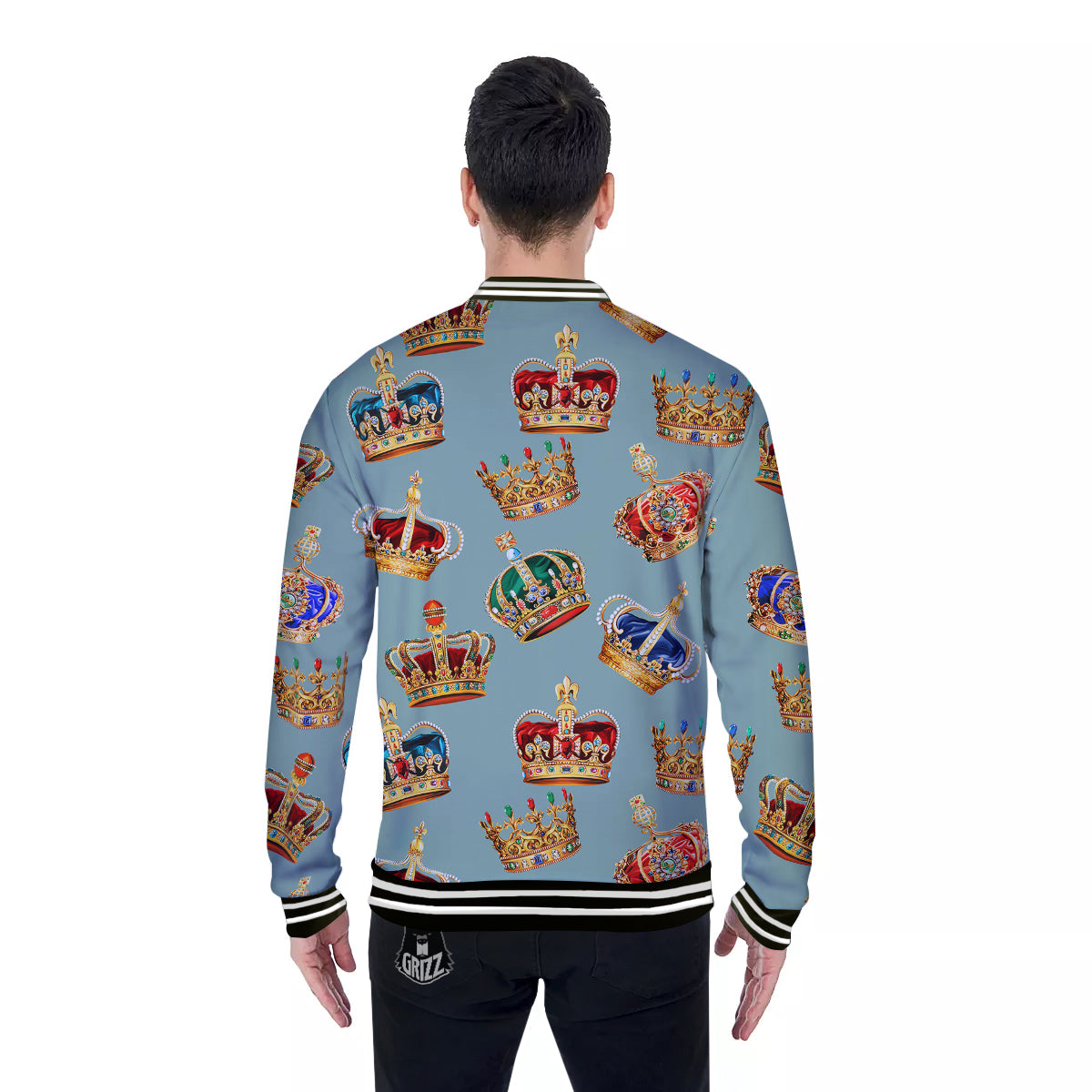 Crown Vintage Print Pattern Baseball Jacket-grizzshop