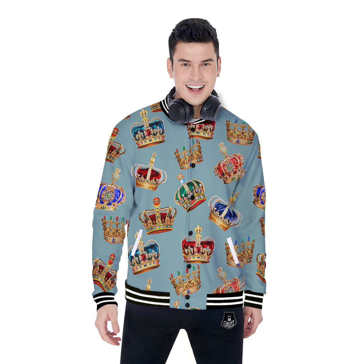 Crown Vintage Print Pattern Baseball Jacket-grizzshop