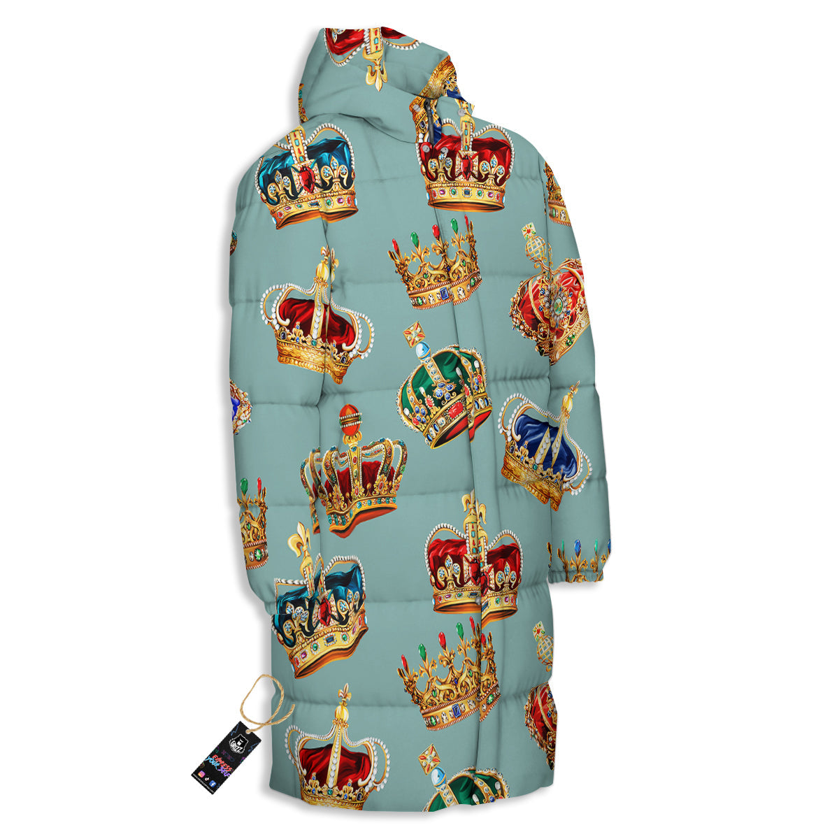 Crown Vintage Print Pattern Long Down Jacket-grizzshop
