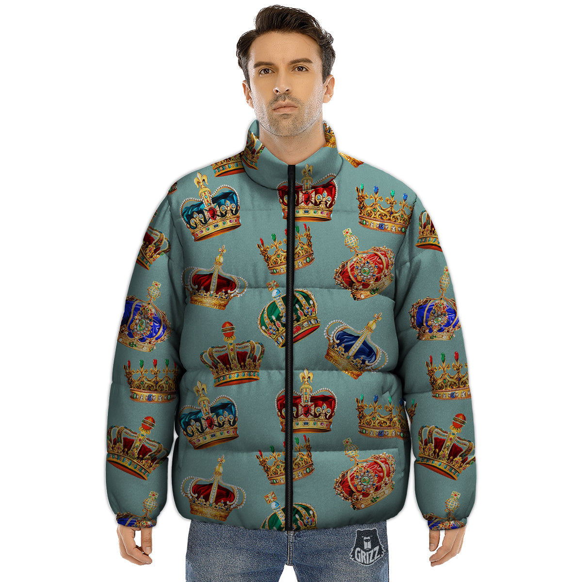 Crown Vintage Print Pattern Puffer Jacket-grizzshop