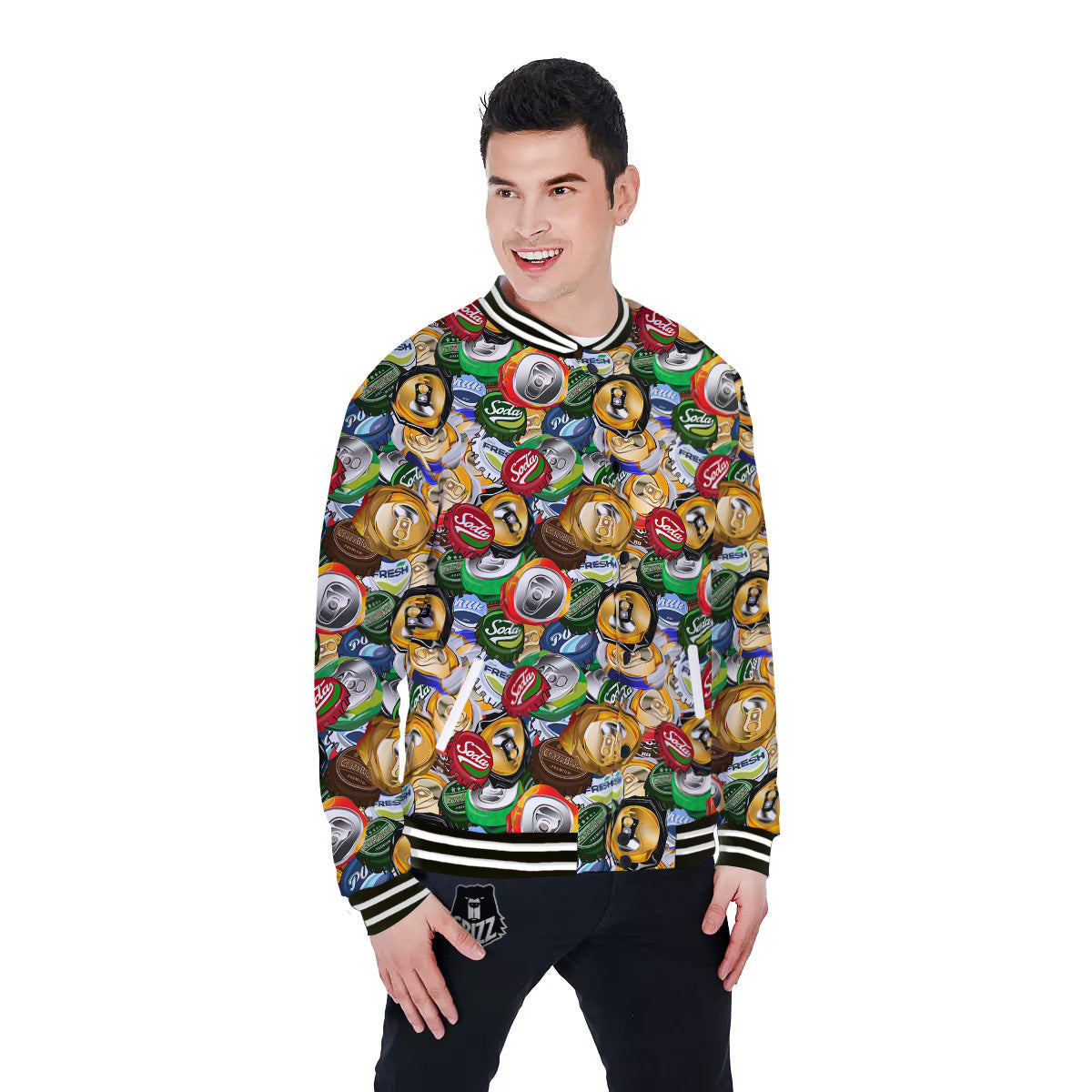 Crumpled Cans And Caps Print Pattern Baseball Jacket-grizzshop