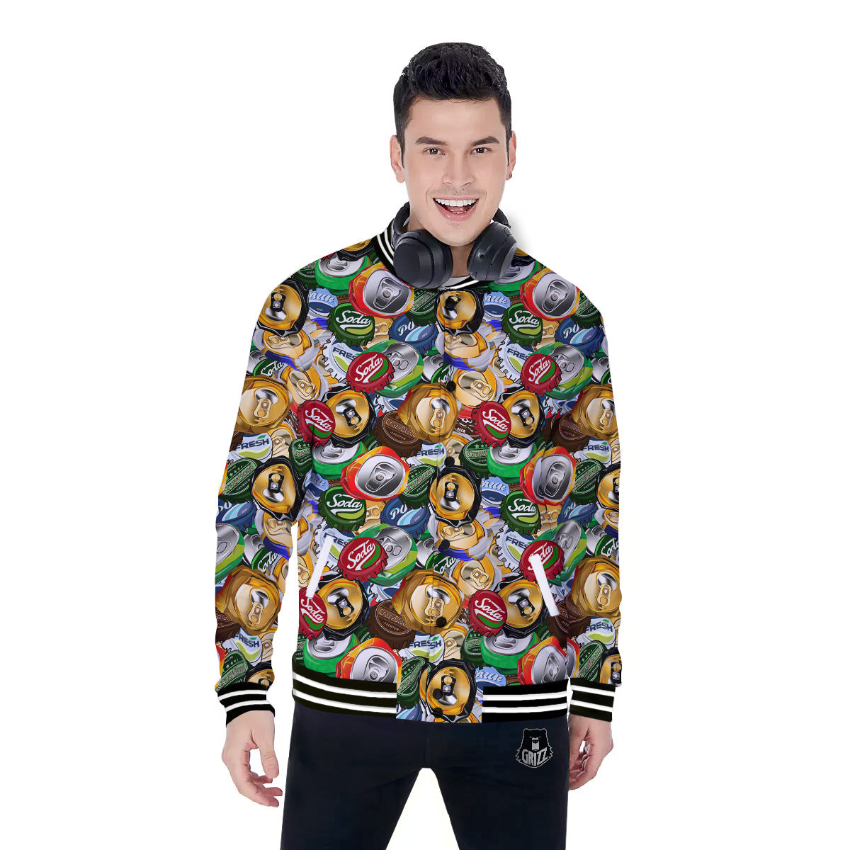 Crumpled Cans And Caps Print Pattern Baseball Jacket-grizzshop