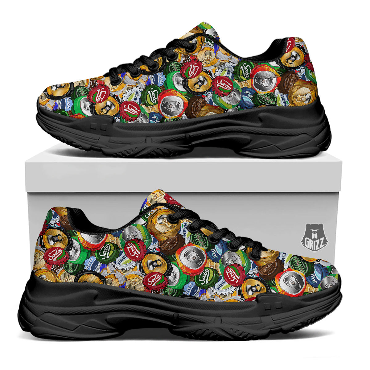 Crumpled Cans And Caps Print Pattern Black Chunky Shoes-grizzshop