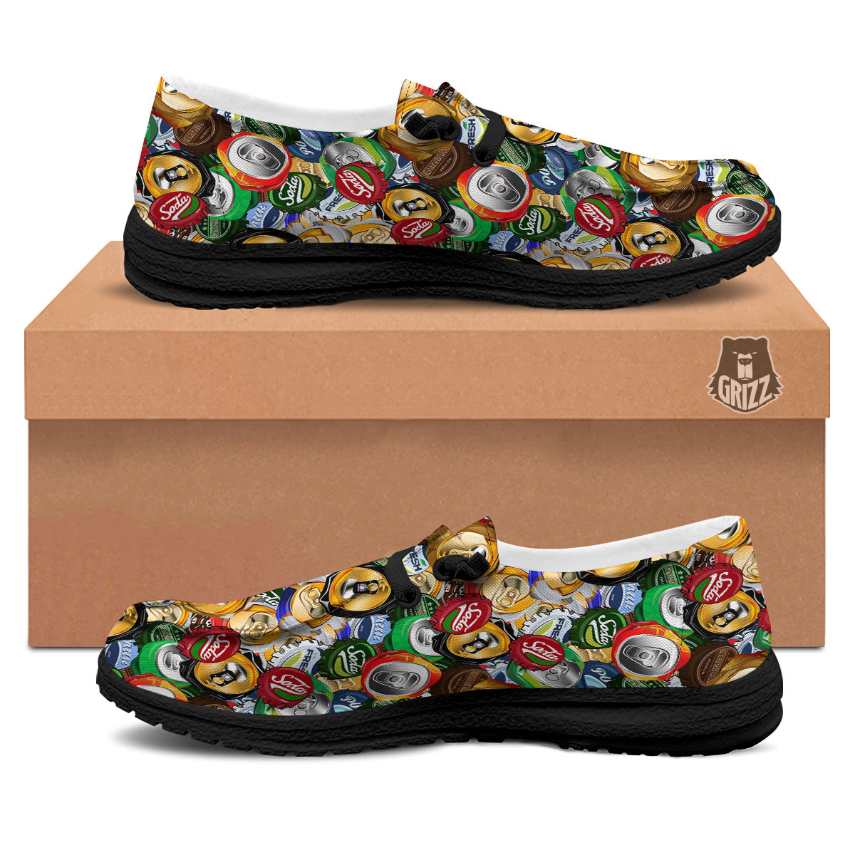 Crumpled Cans And Caps Print Pattern Black Loafers-grizzshop