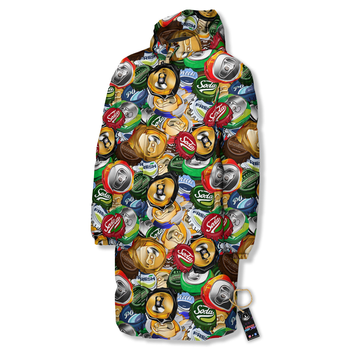 Crumpled Cans And Caps Print Pattern Long Down Jacket-grizzshop