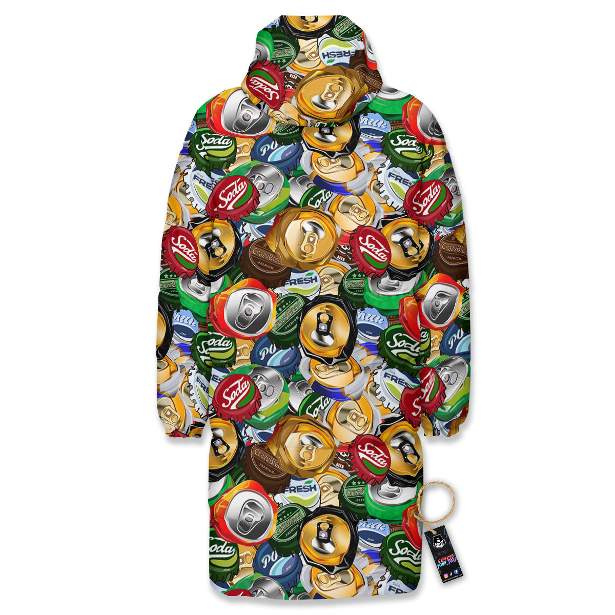 Crumpled Cans And Caps Print Pattern Long Down Jacket-grizzshop