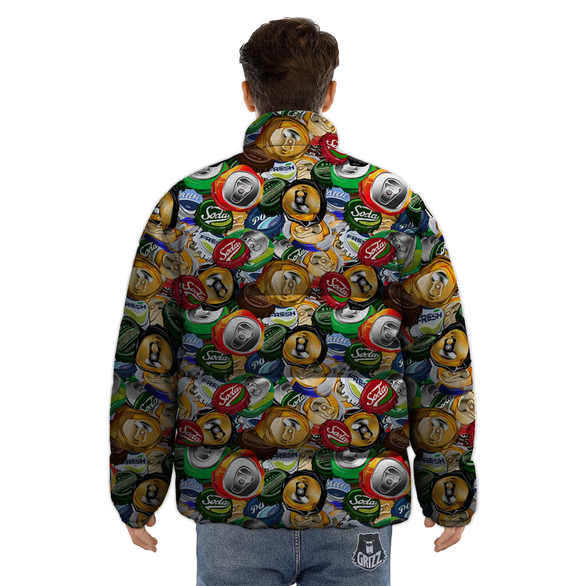 Crumpled Cans And Caps Print Pattern Puffer Jacket-grizzshop