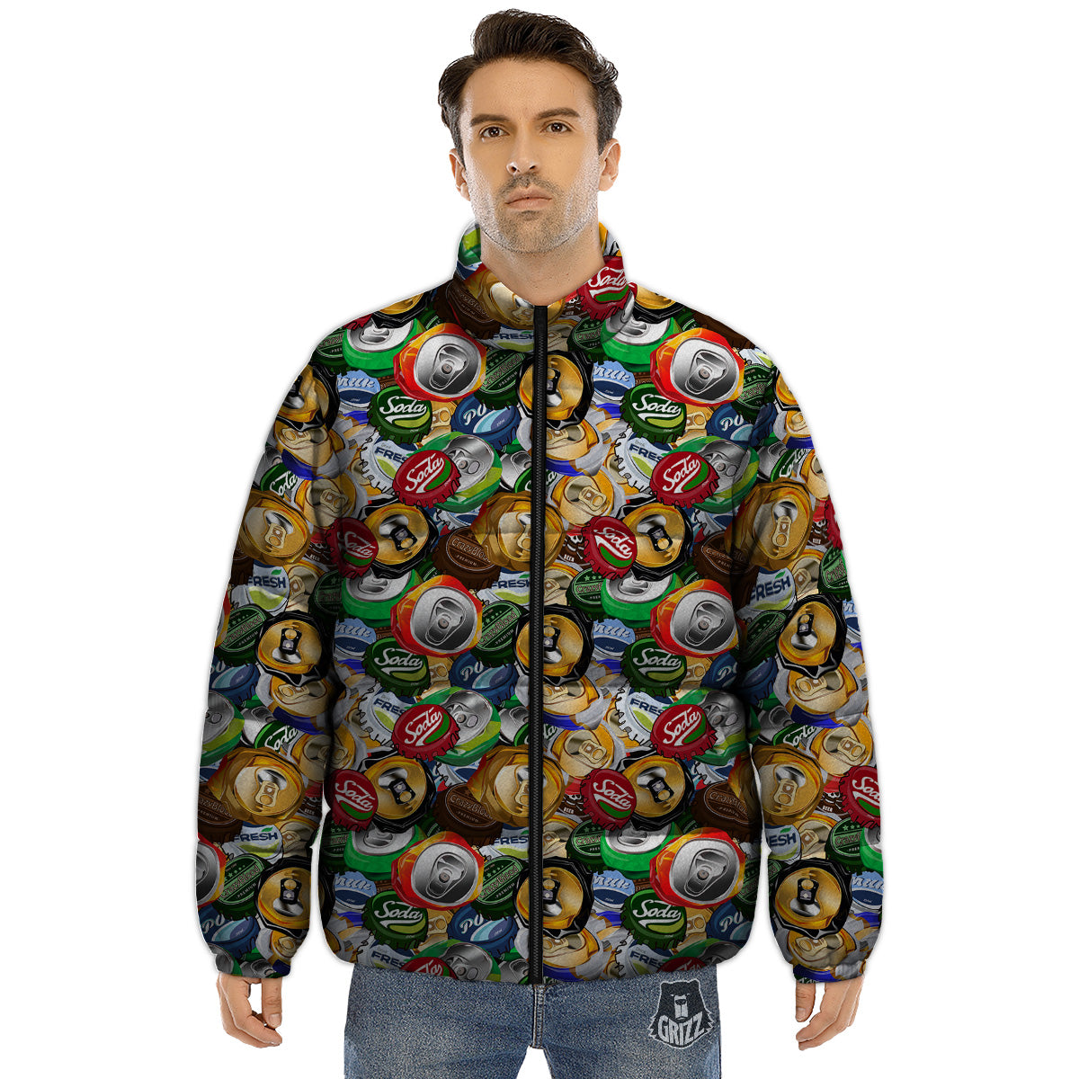 Crumpled Cans And Caps Print Pattern Puffer Jacket-grizzshop