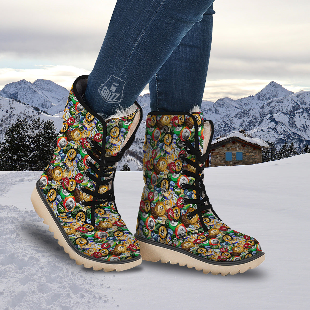 Crumpled Cans And Caps Print Pattern Snow Boots