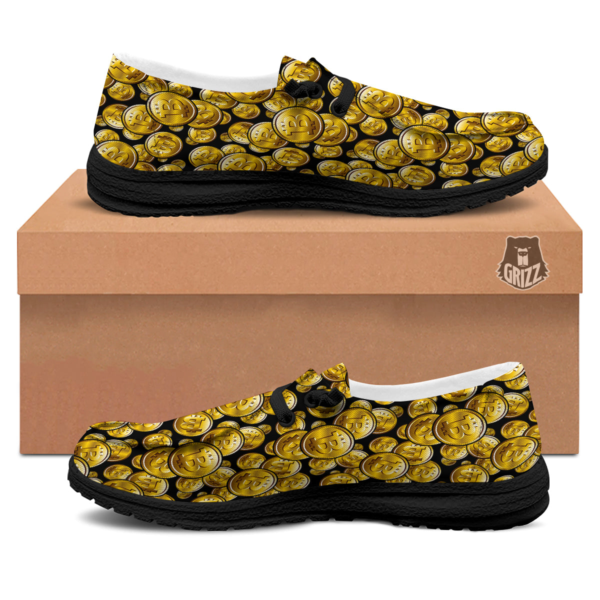 Crypto Bitcoin Print Pattern Black Loafers-grizzshop
