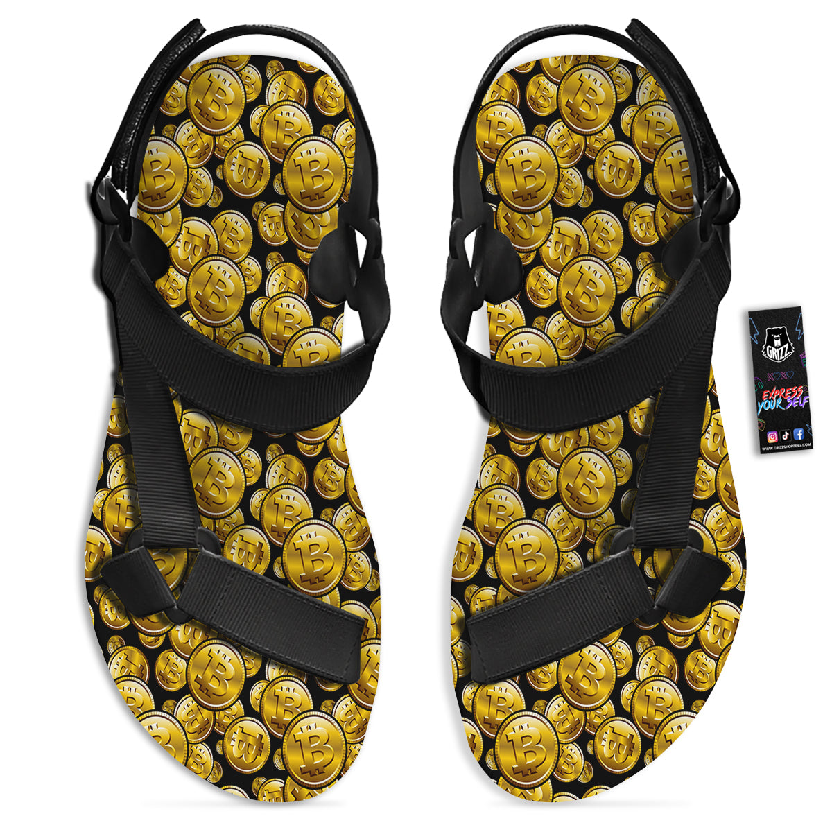 Crypto Bitcoin Print Pattern Black Open Toe Sandals-grizzshop