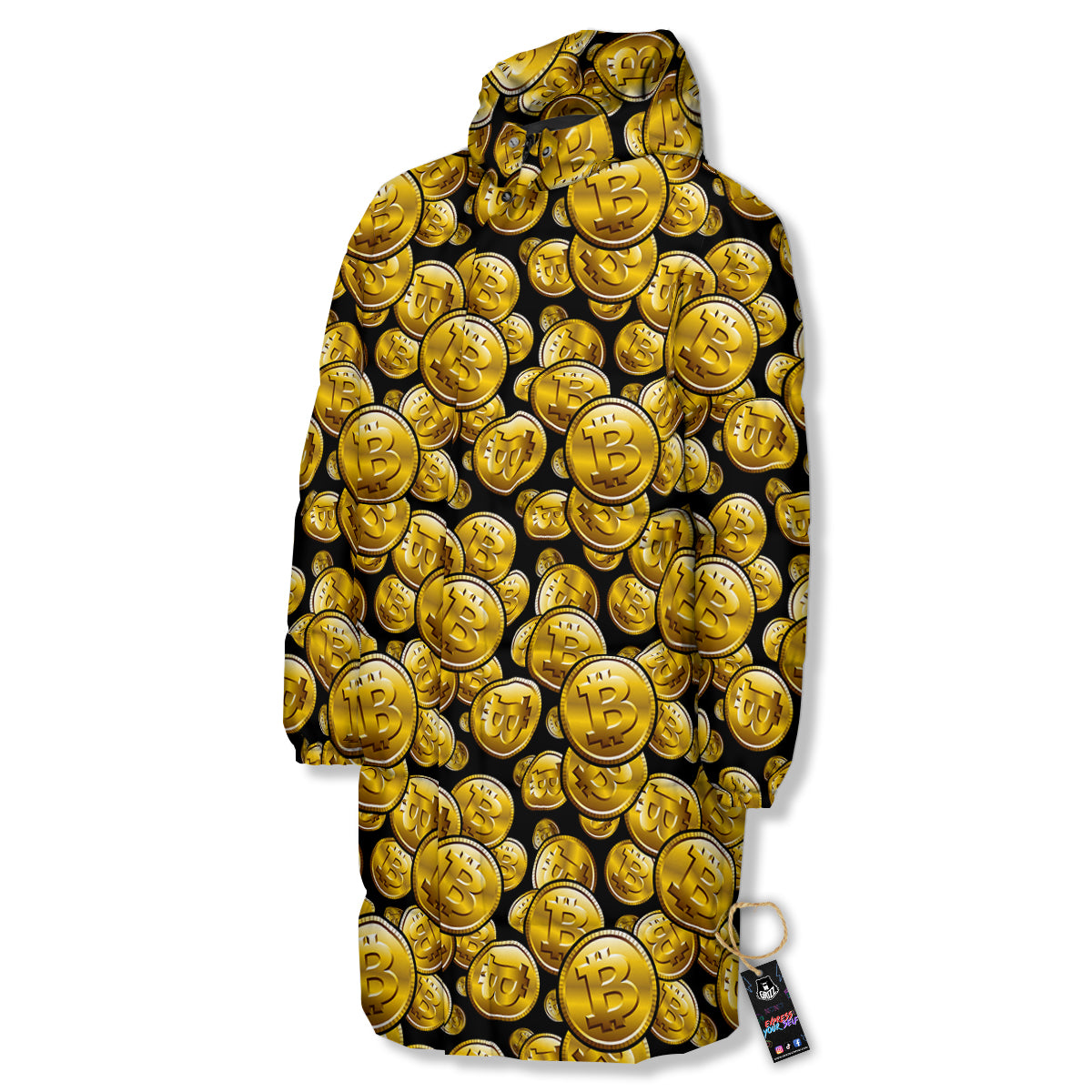 Crypto Bitcoin Print Pattern Long Down Jacket-grizzshop