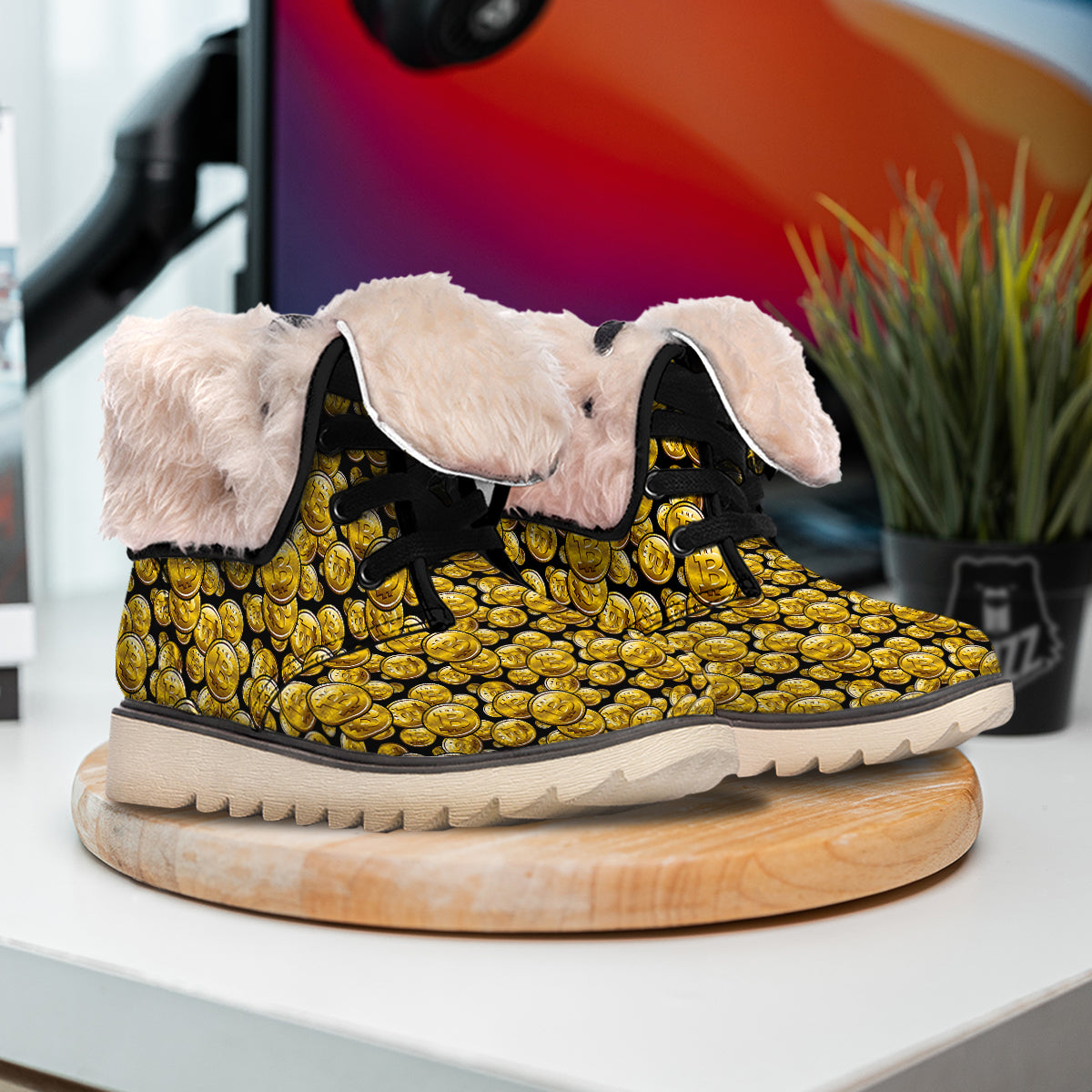 Crypto Bitcoin Print Pattern Snow Boots-grizzshop