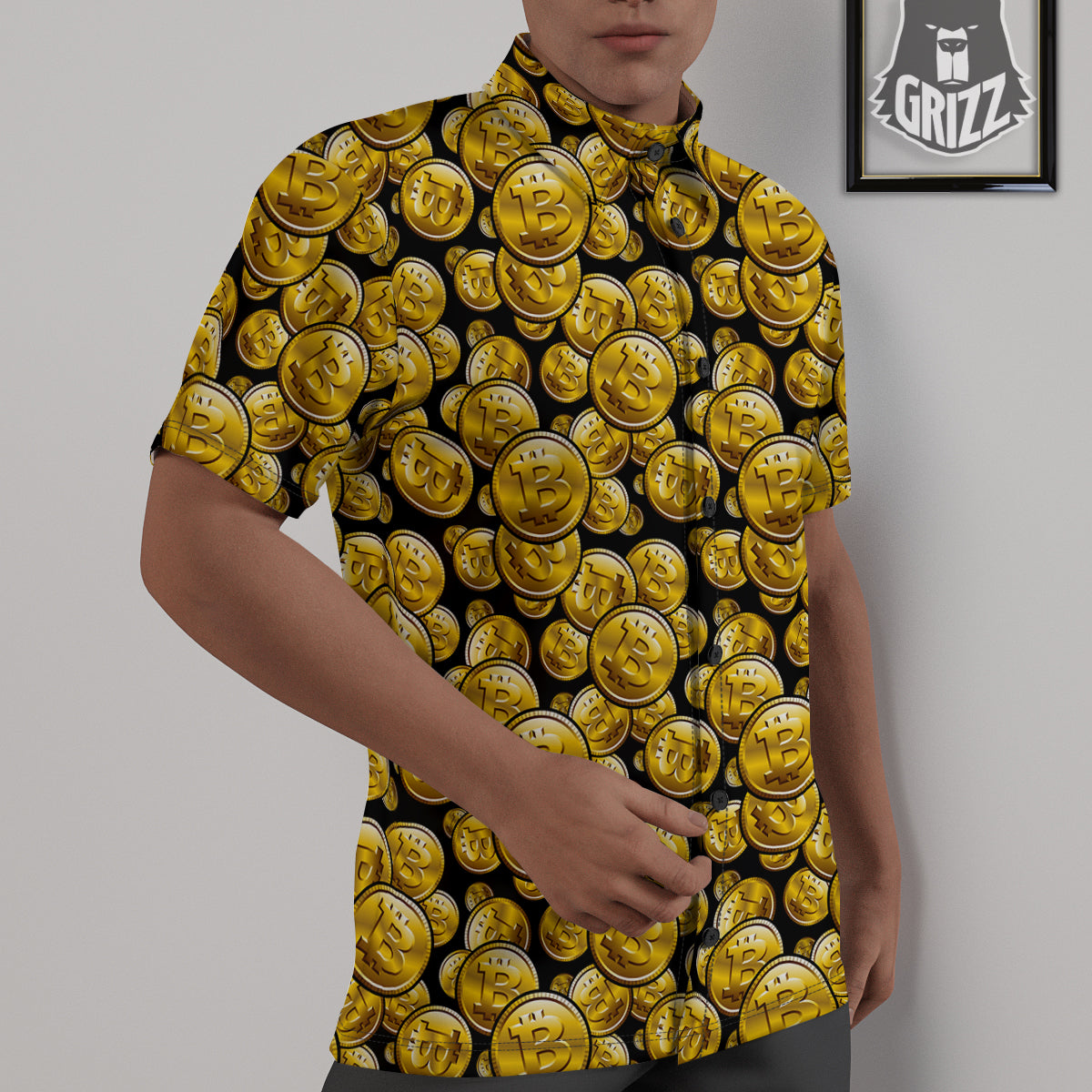 Crypto Bitcoin Print Pattern Untucked Shirts-grizzshop