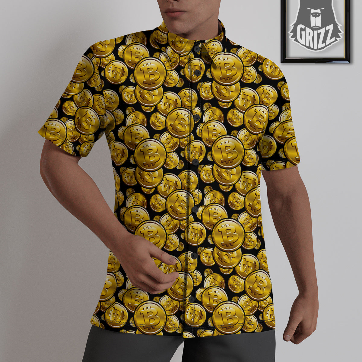 Crypto Bitcoin Print Pattern Untucked Shirts-grizzshop