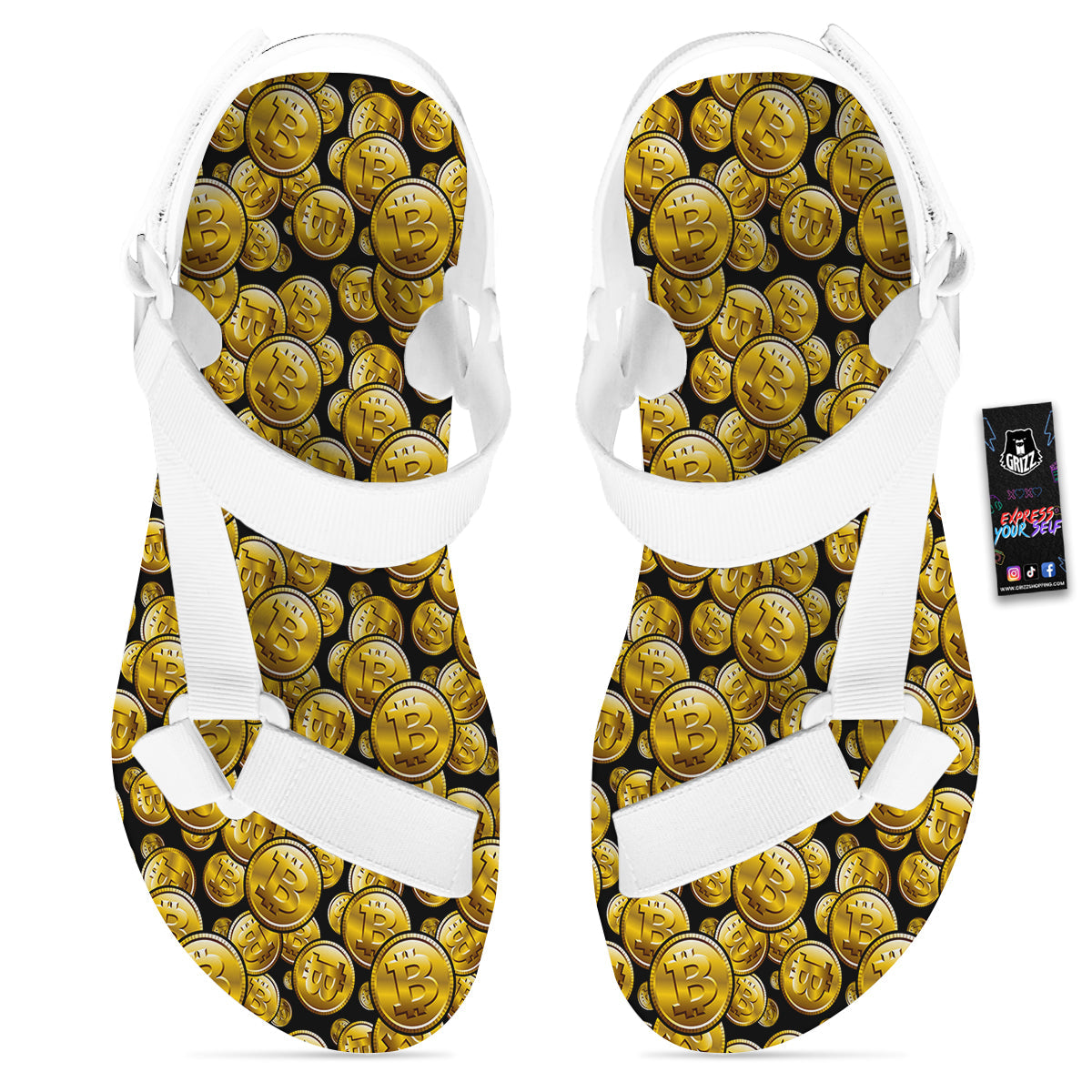 Crypto Bitcoin Print Pattern White Open Toe Sandals-grizzshop