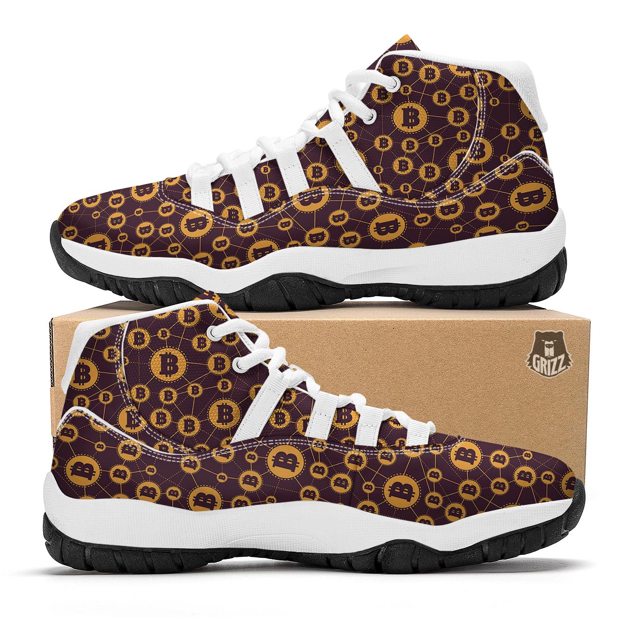 Cryptocurrency Bitcoin Pattern Print White Bball Shoes-grizzshop