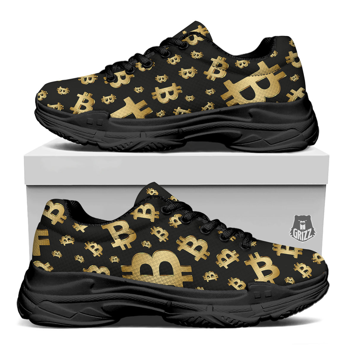 Cryptocurrency Bitcoin Print Pattern Black Chunky Shoes-grizzshop
