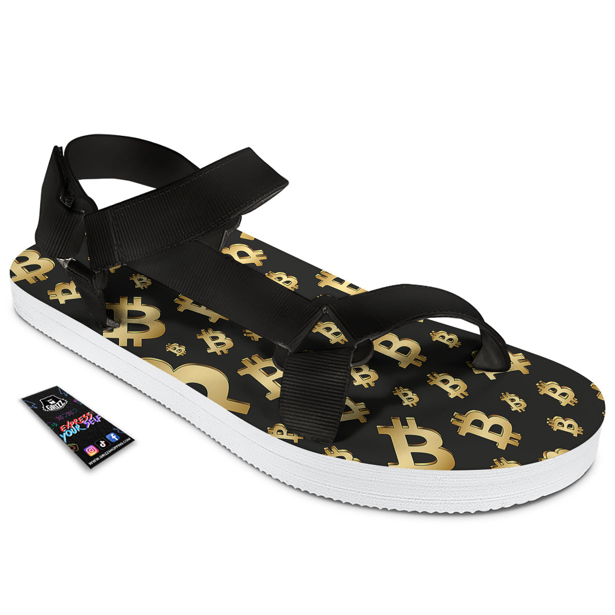 Cryptocurrency Bitcoin Print Pattern Black Open Toe Sandals-grizzshop