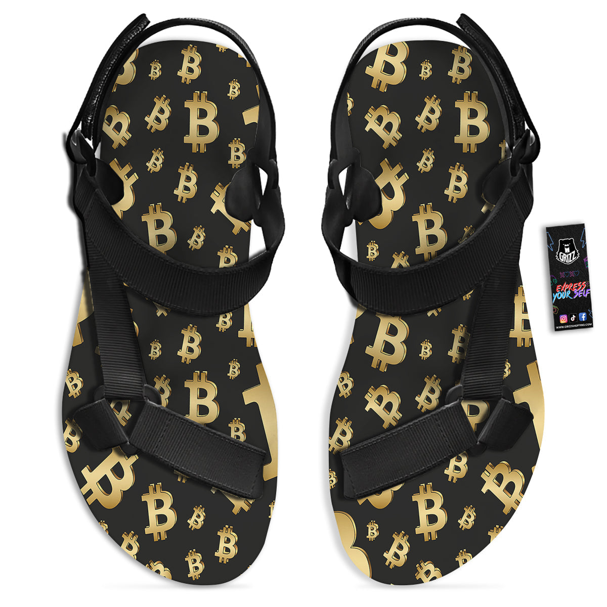 Cryptocurrency Bitcoin Print Pattern Black Open Toe Sandals-grizzshop