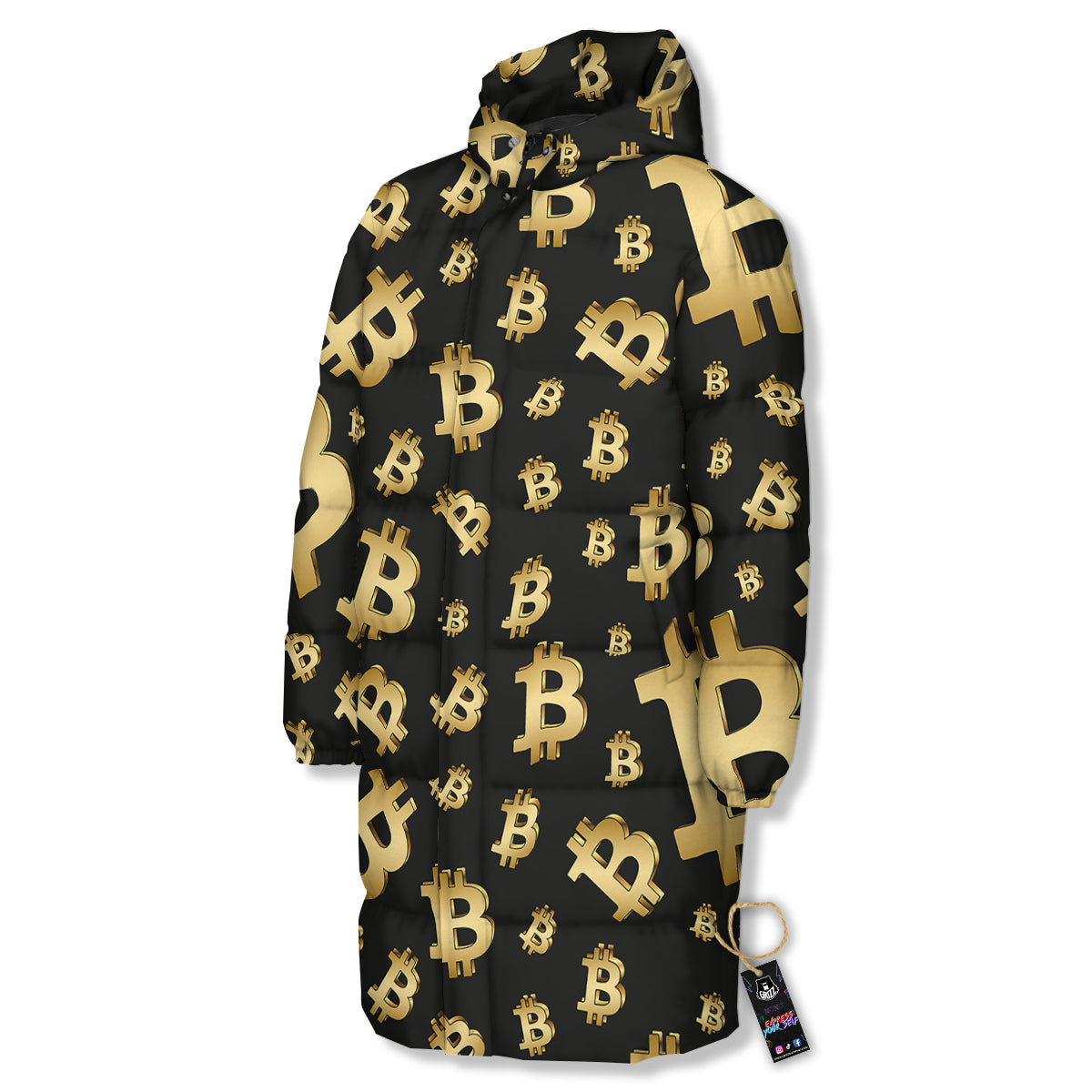Cryptocurrency Bitcoin Print Pattern Long Down Jacket-grizzshop