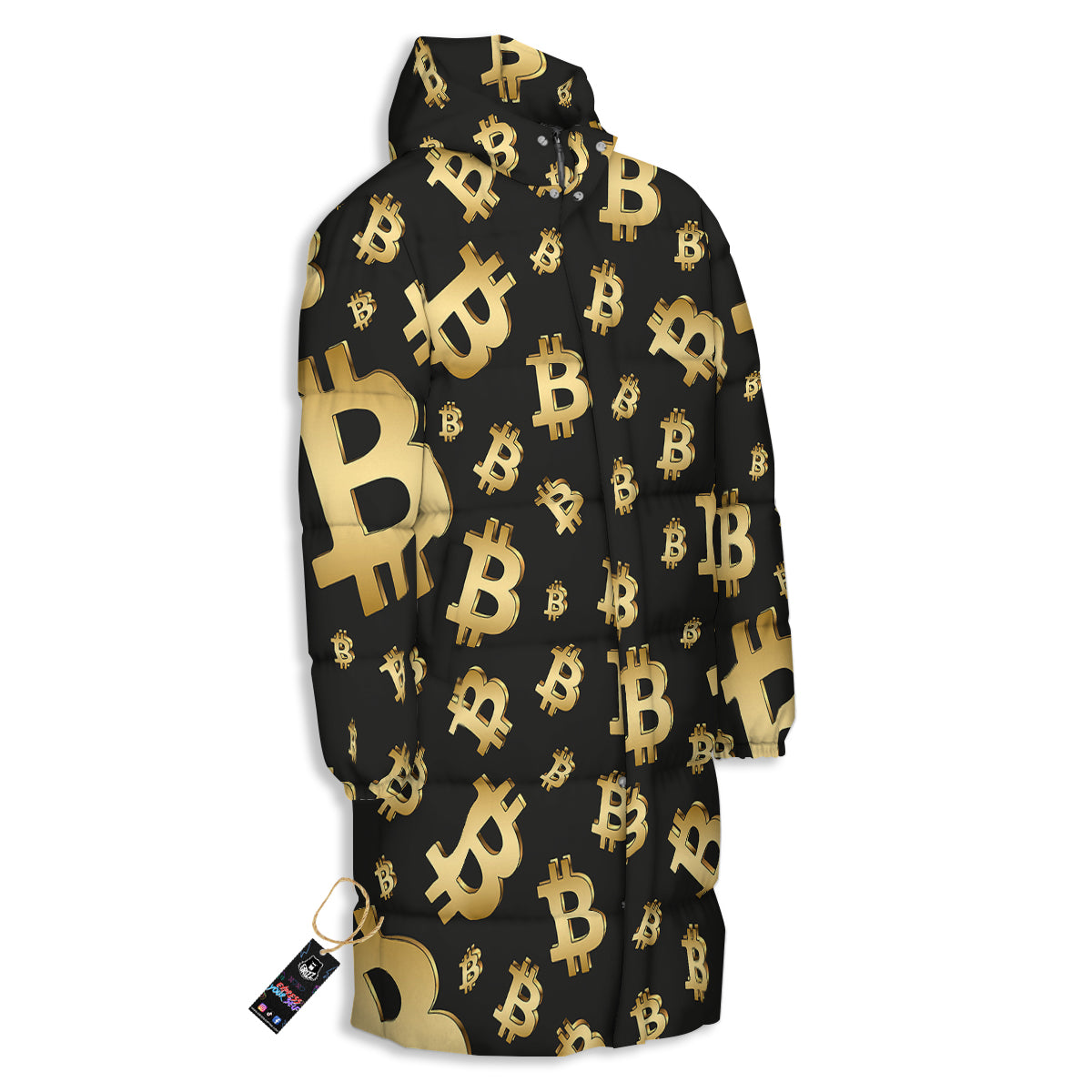 Cryptocurrency Bitcoin Print Pattern Long Down Jacket-grizzshop