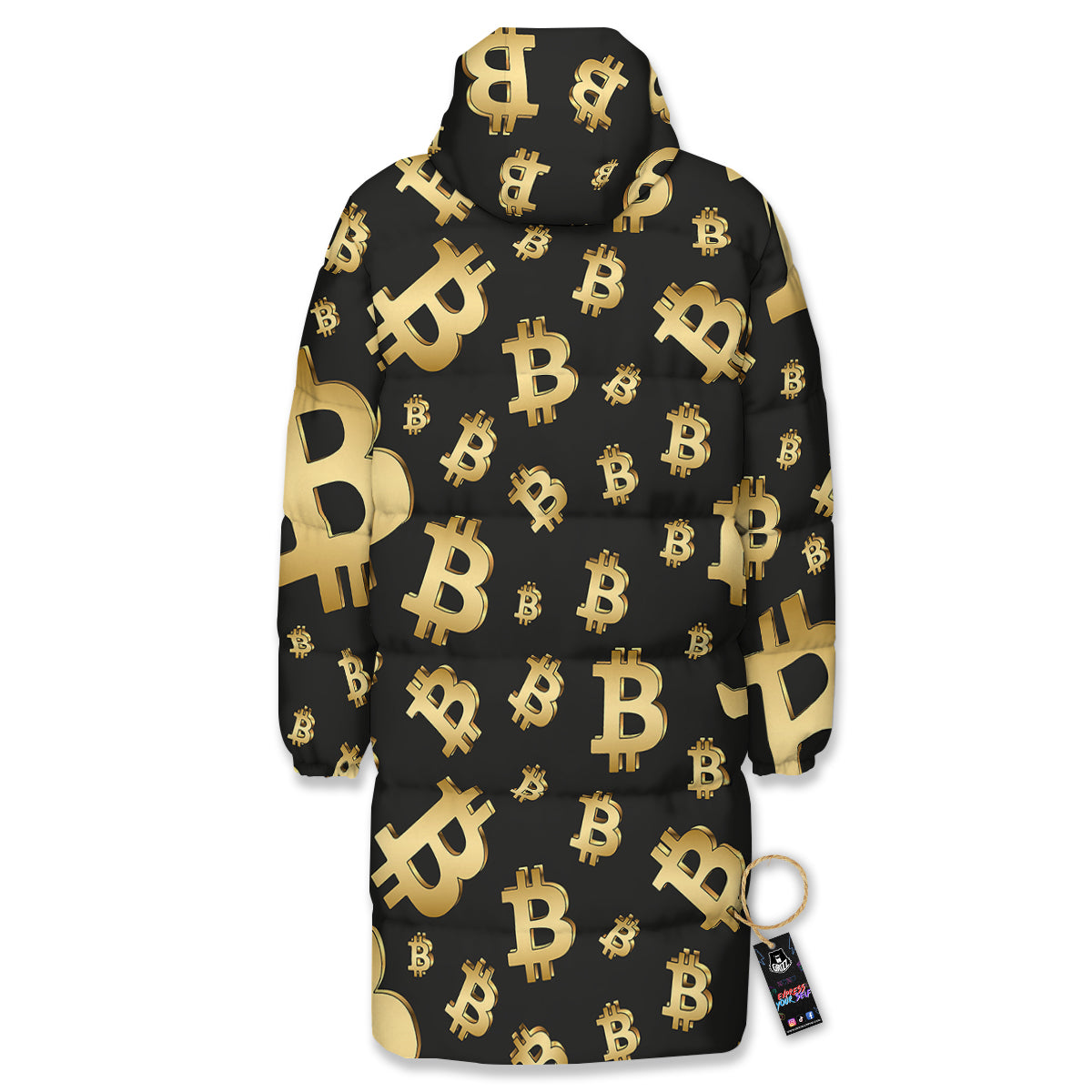 Cryptocurrency Bitcoin Print Pattern Long Down Jacket-grizzshop