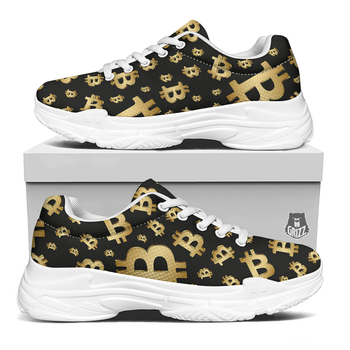 Cryptocurrency Bitcoin Print Pattern White Chunky Shoes-grizzshop
