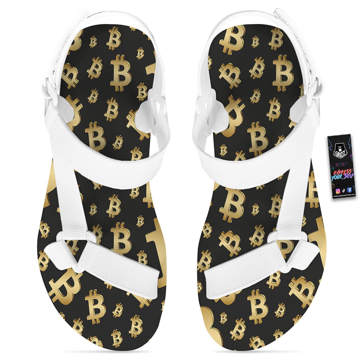 Cryptocurrency Bitcoin Print Pattern White Open Toe Sandals-grizzshop