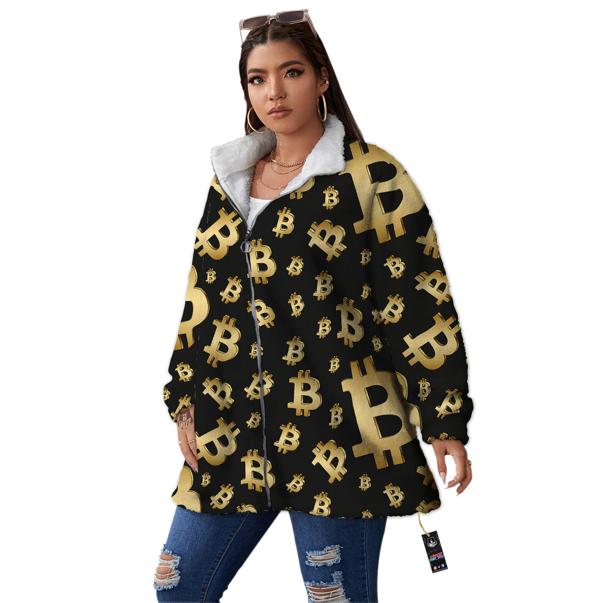 Cryptocurrency Bitcoin Print Pattern Women's Sherpa Jacket-grizzshop