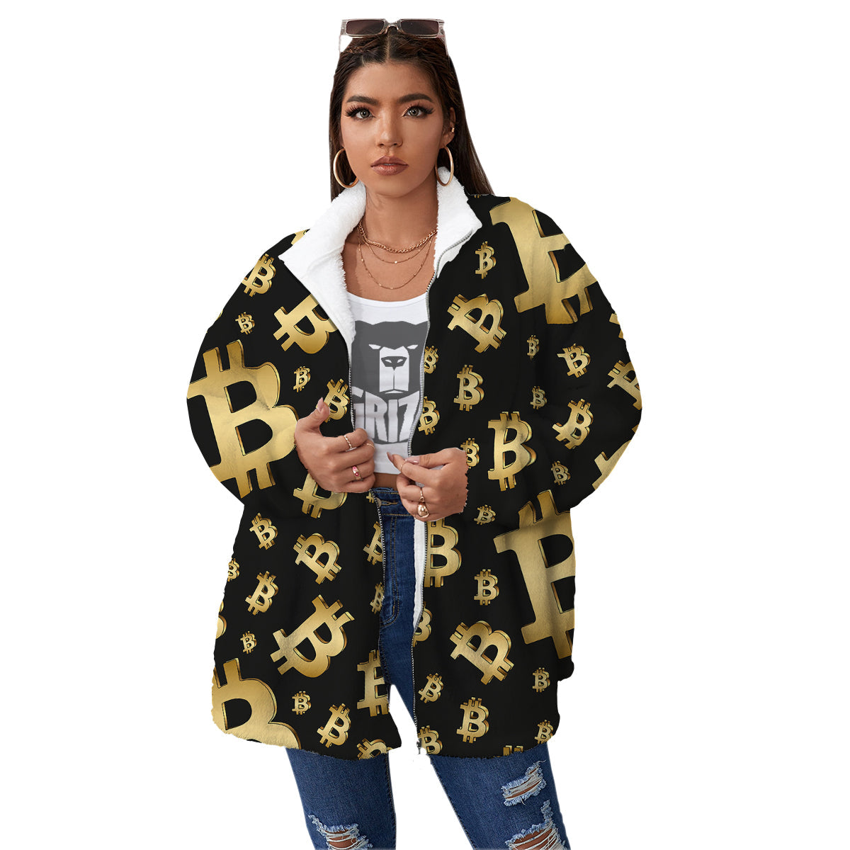 Cryptocurrency Bitcoin Print Pattern Women's Sherpa Jacket-grizzshop