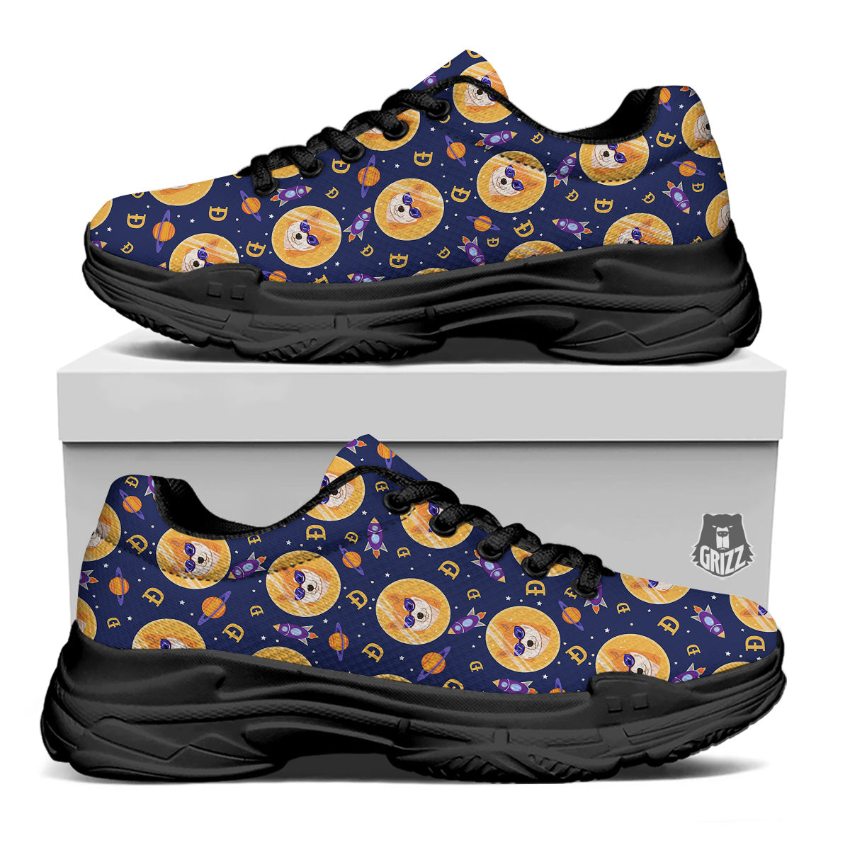 Cryptocurrency Shiba Print Pattern Black Chunky Shoes-grizzshop