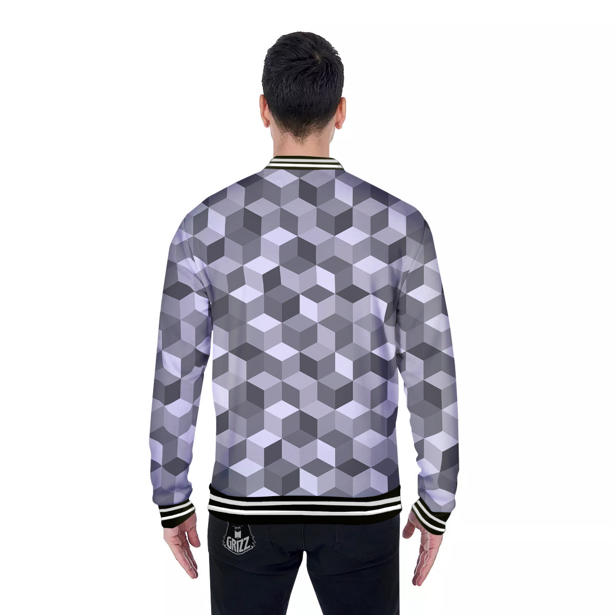 Cube Geometric Shape White Print Pattern Baseball Jacket-grizzshop