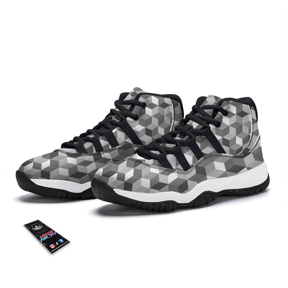 Cube Geometric Shape White Print Pattern Black Bball Shoes-grizzshop