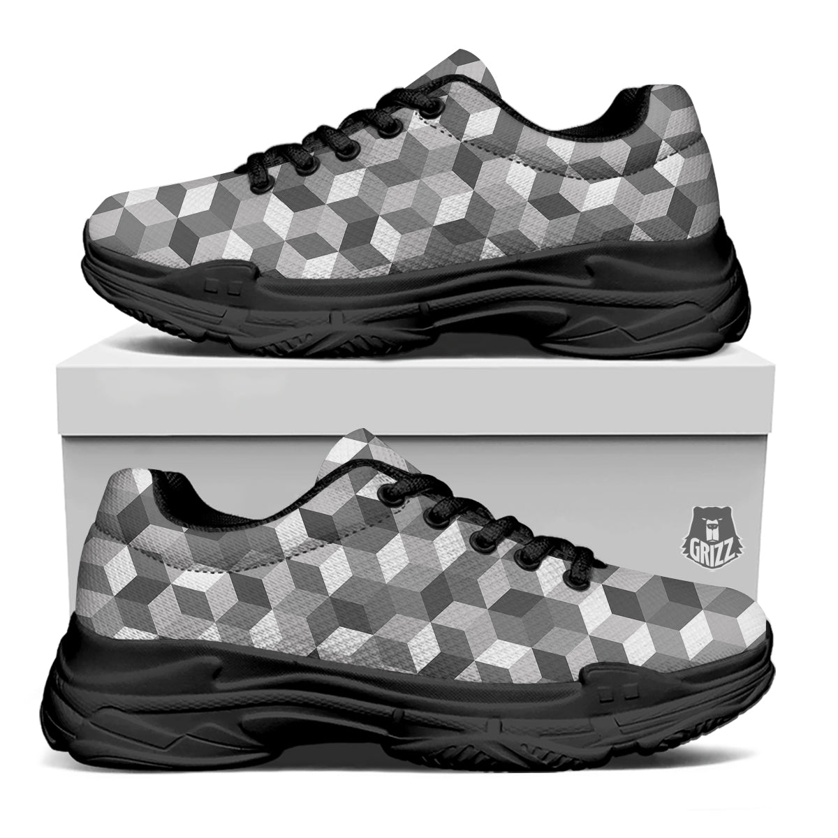 Cube Geometric Shape White Print Pattern Black Chunky Shoes-grizzshop