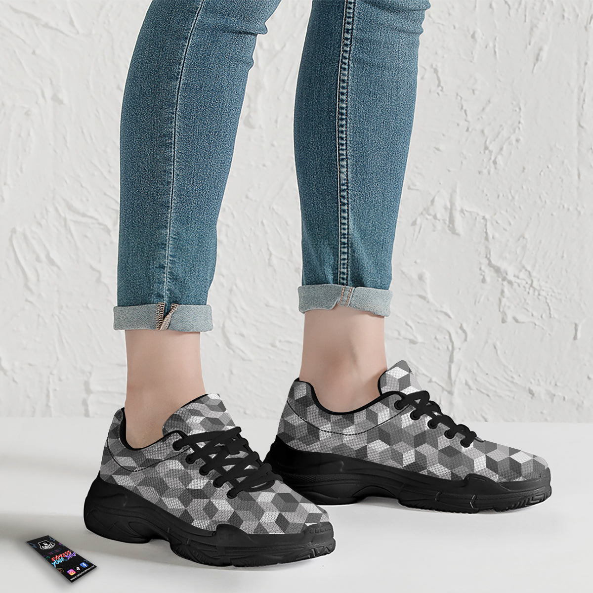 Cube Geometric Shape White Print Pattern Black Chunky Shoes-grizzshop