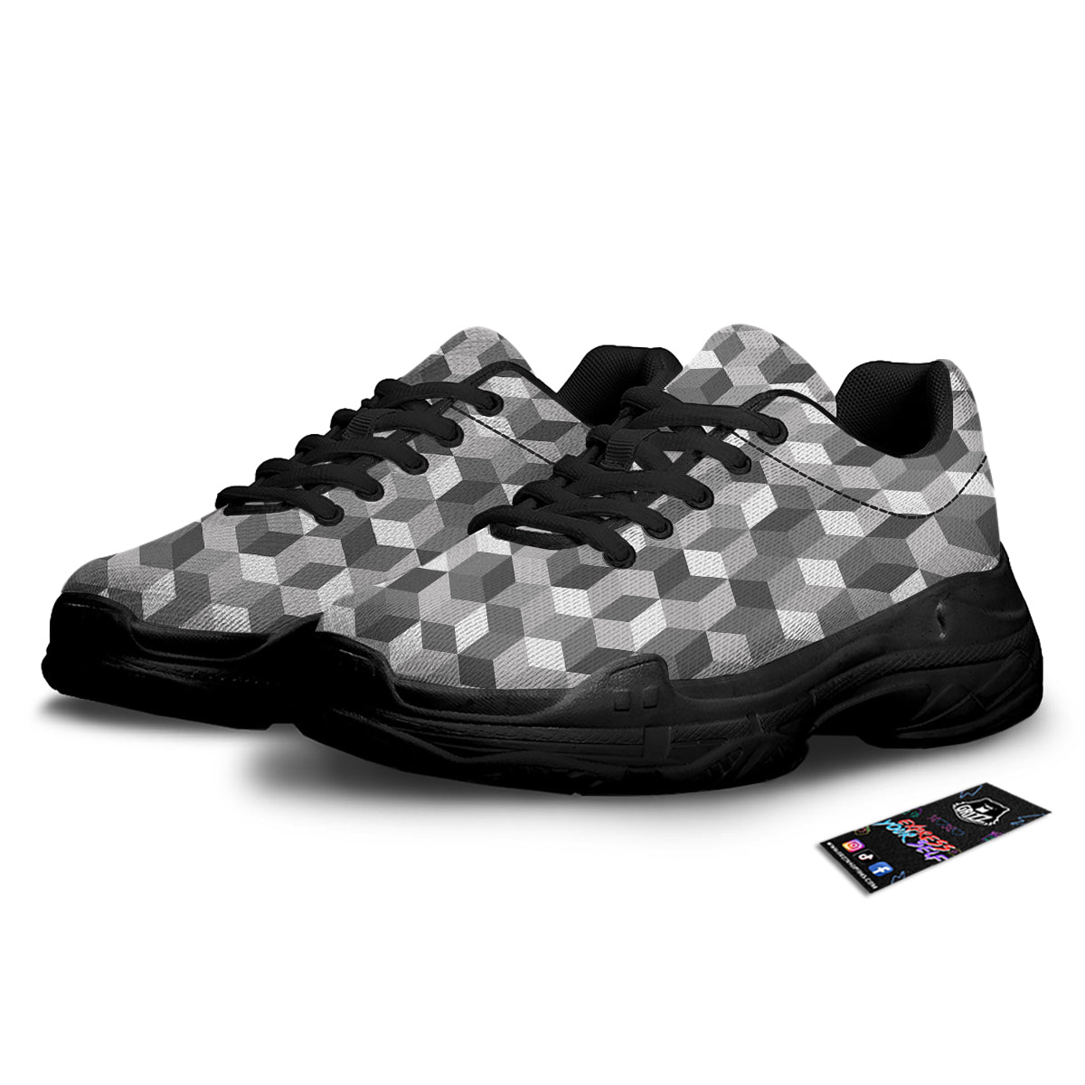 Cube Geometric Shape White Print Pattern Black Chunky Shoes-grizzshop