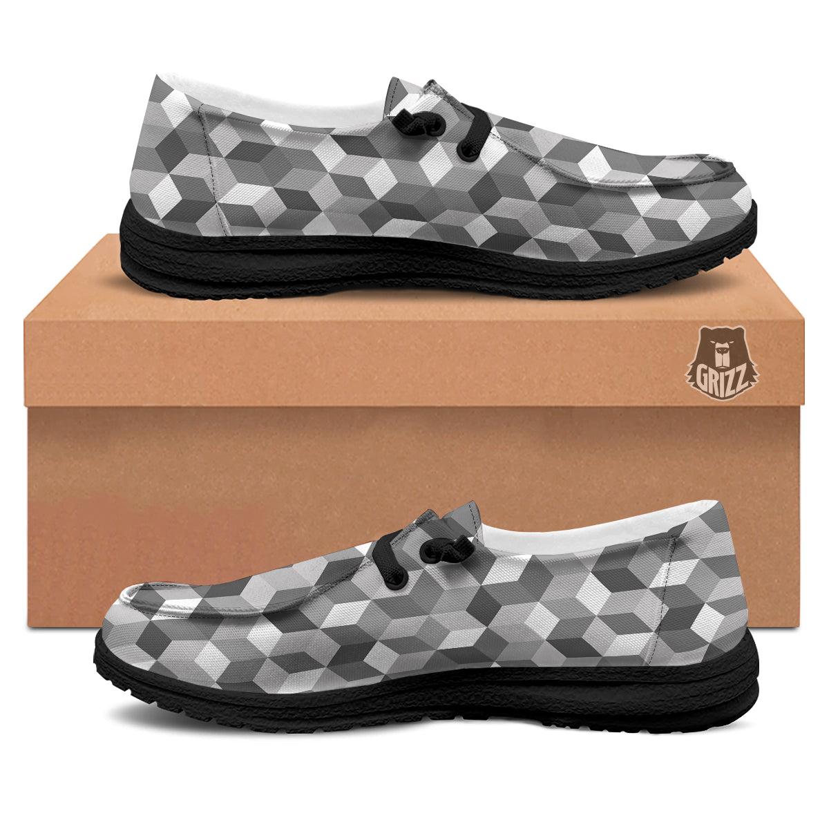 Cube Geometric Shape White Print Pattern Black Loafers-grizzshop