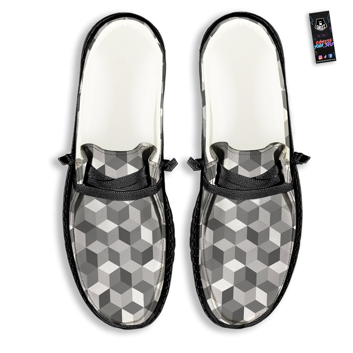 Cube Geometric Shape White Print Pattern Black Loafers-grizzshop