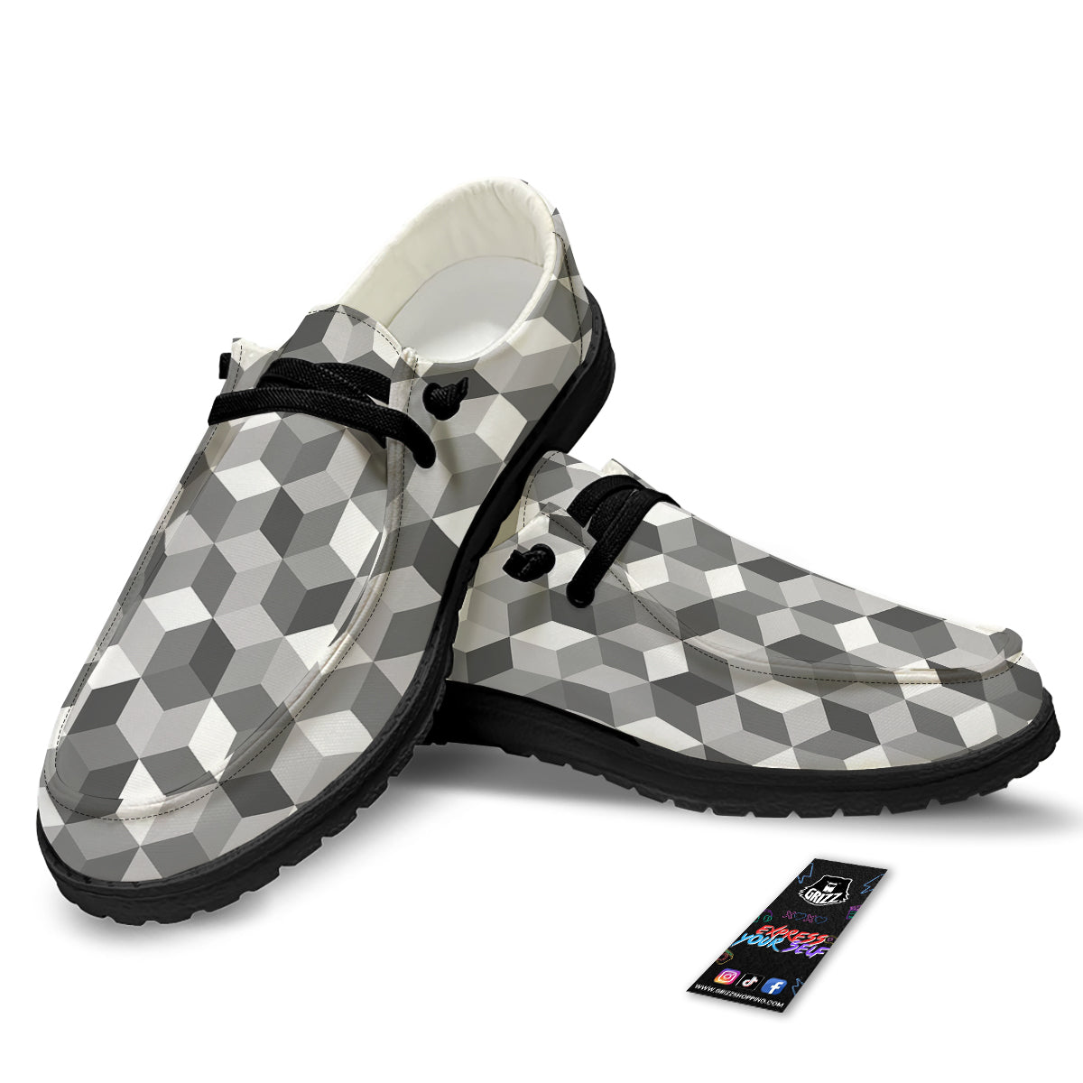 Cube Geometric Shape White Print Pattern Black Loafers-grizzshop