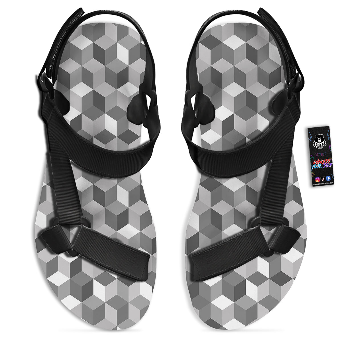 Cube Geometric Shape White Print Pattern Black Open Toe Sandals-grizzshop