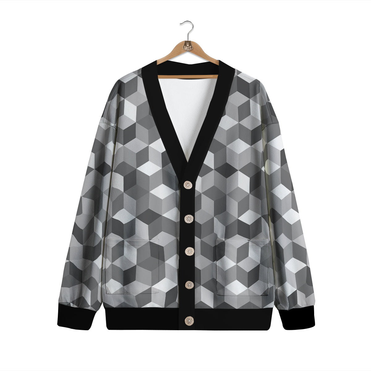 Cube Geometric Shape White Print Pattern Cardigan-grizzshop