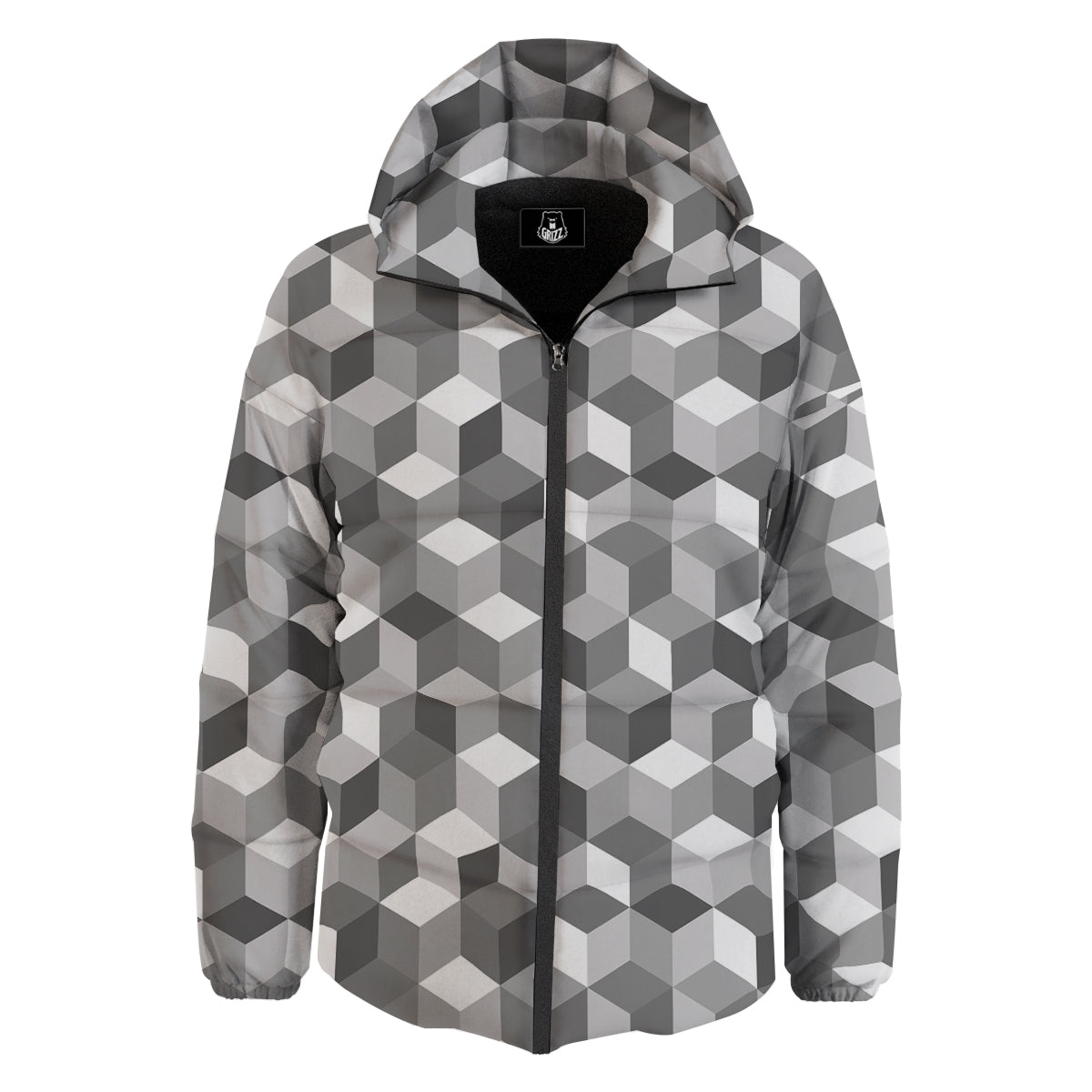 Cube Geometric Shape White Print Pattern Down Jacket-grizzshop