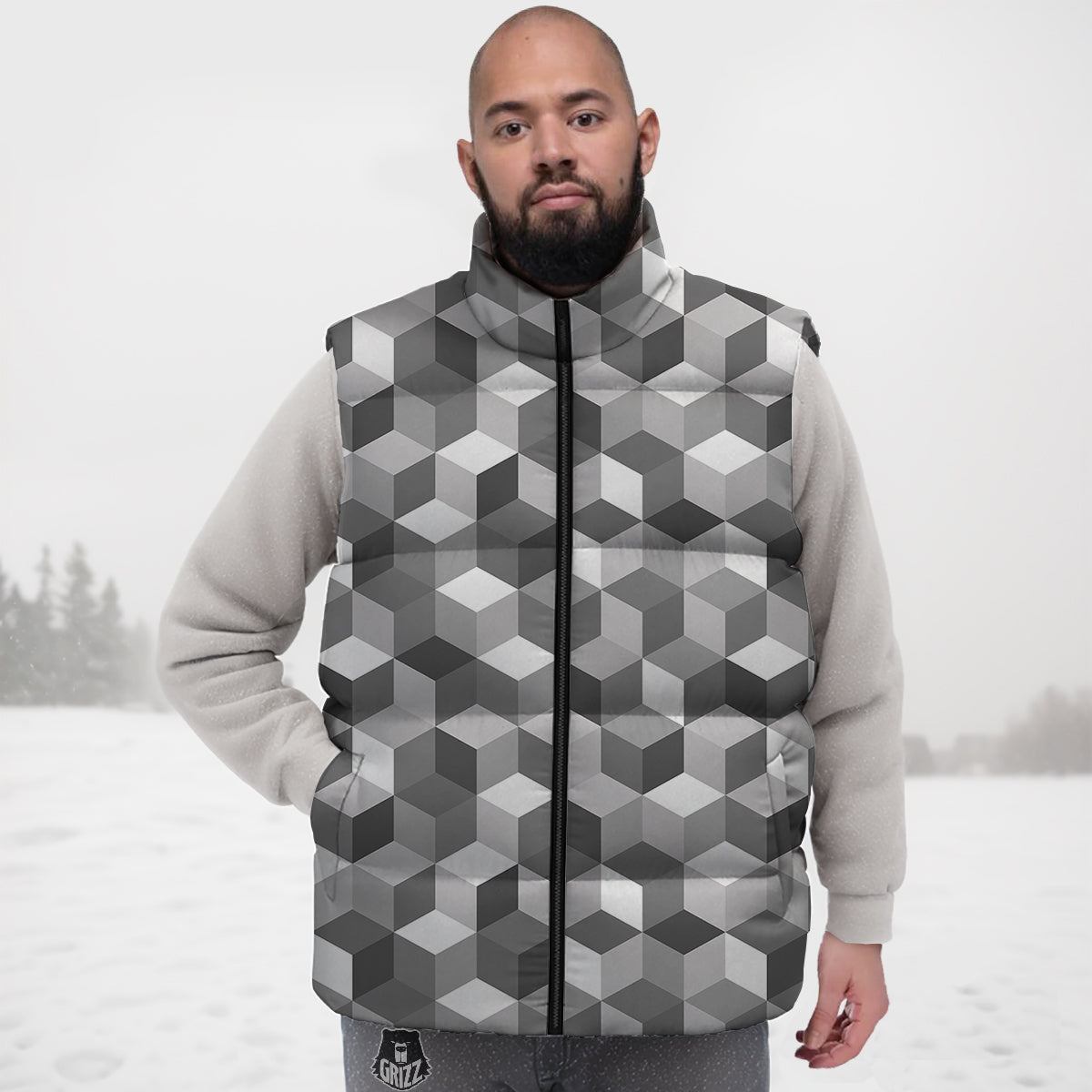 Cube Geometric Shape White Print Pattern Down Vest-grizzshop