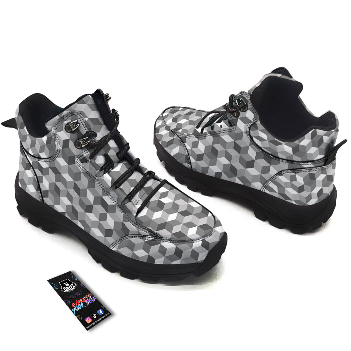 Cube Geometric Shape White Print Pattern Hiking Shoes-grizzshop