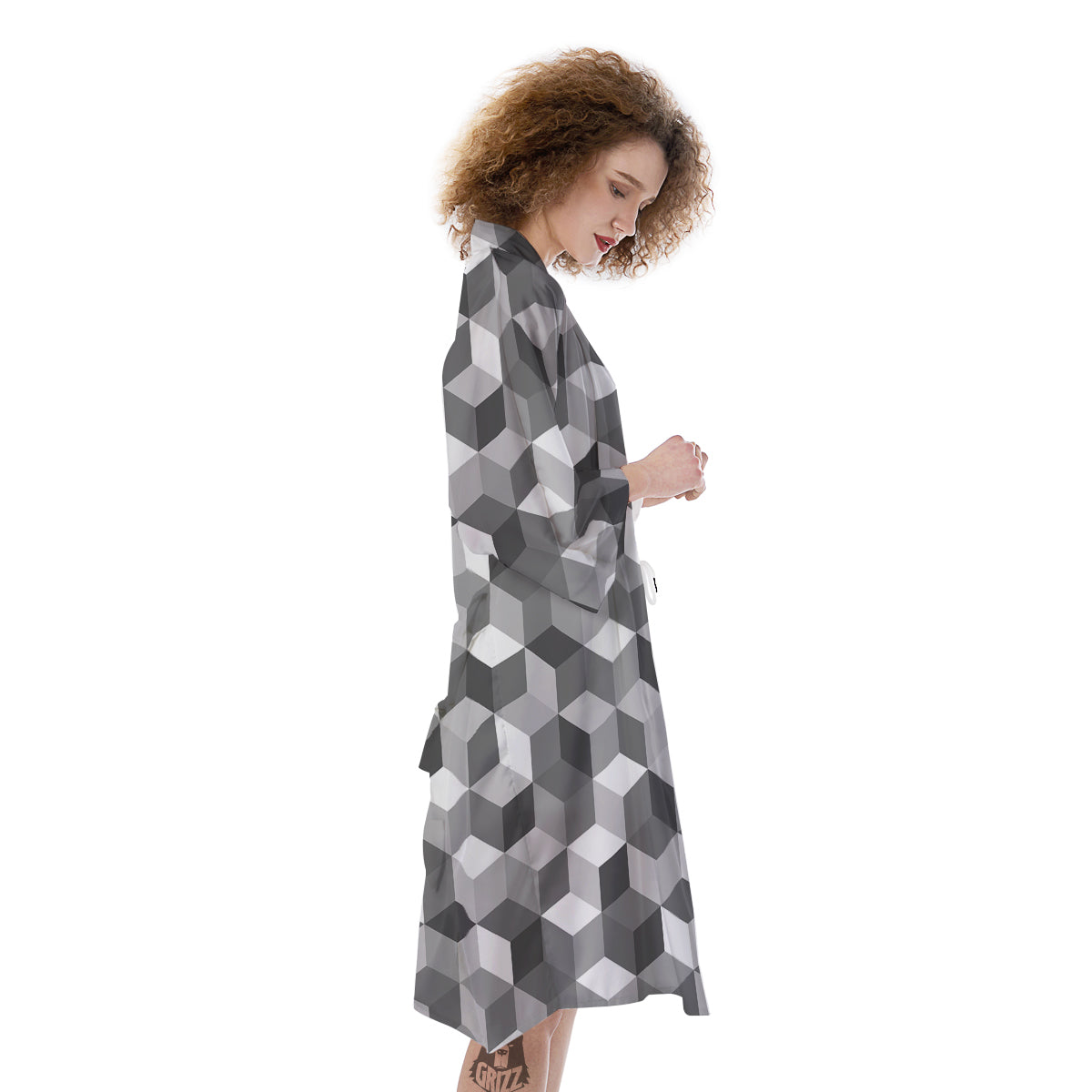 Cube Geometric Shape White Print Pattern Kimono-grizzshop