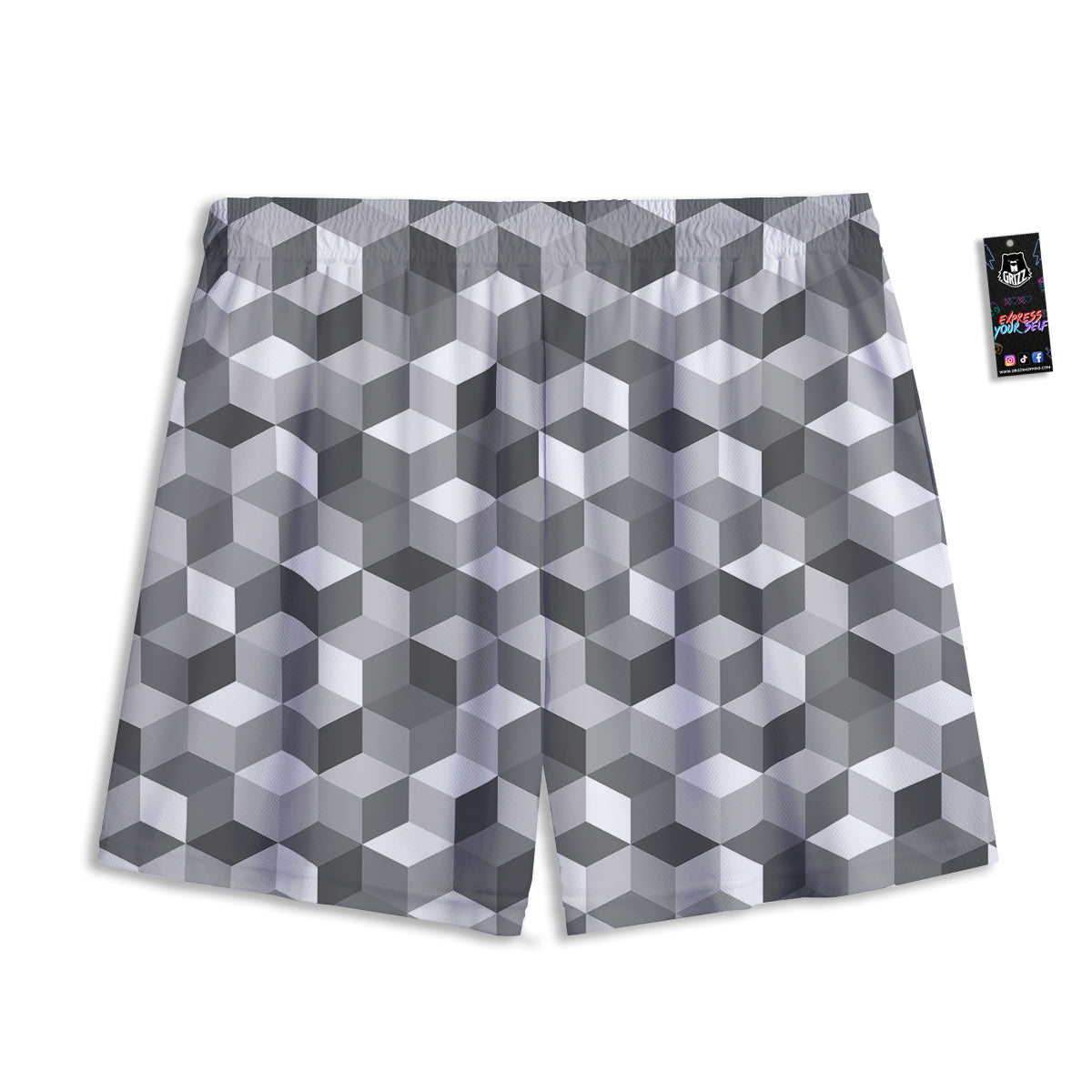 Cube Geometric Shape White Print Pattern Mesh Shorts-grizzshop