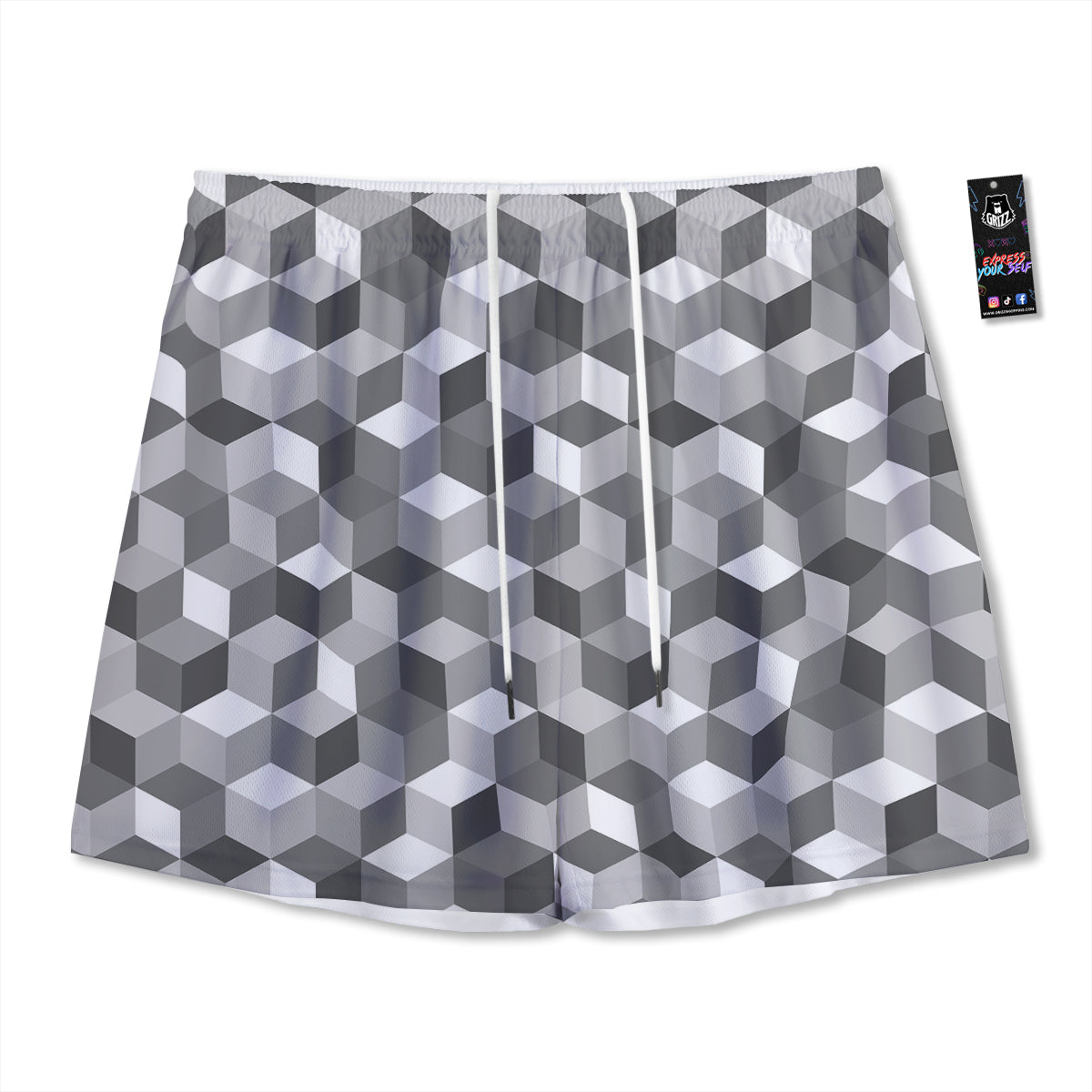 Cube Geometric Shape White Print Pattern Mesh Shorts-grizzshop