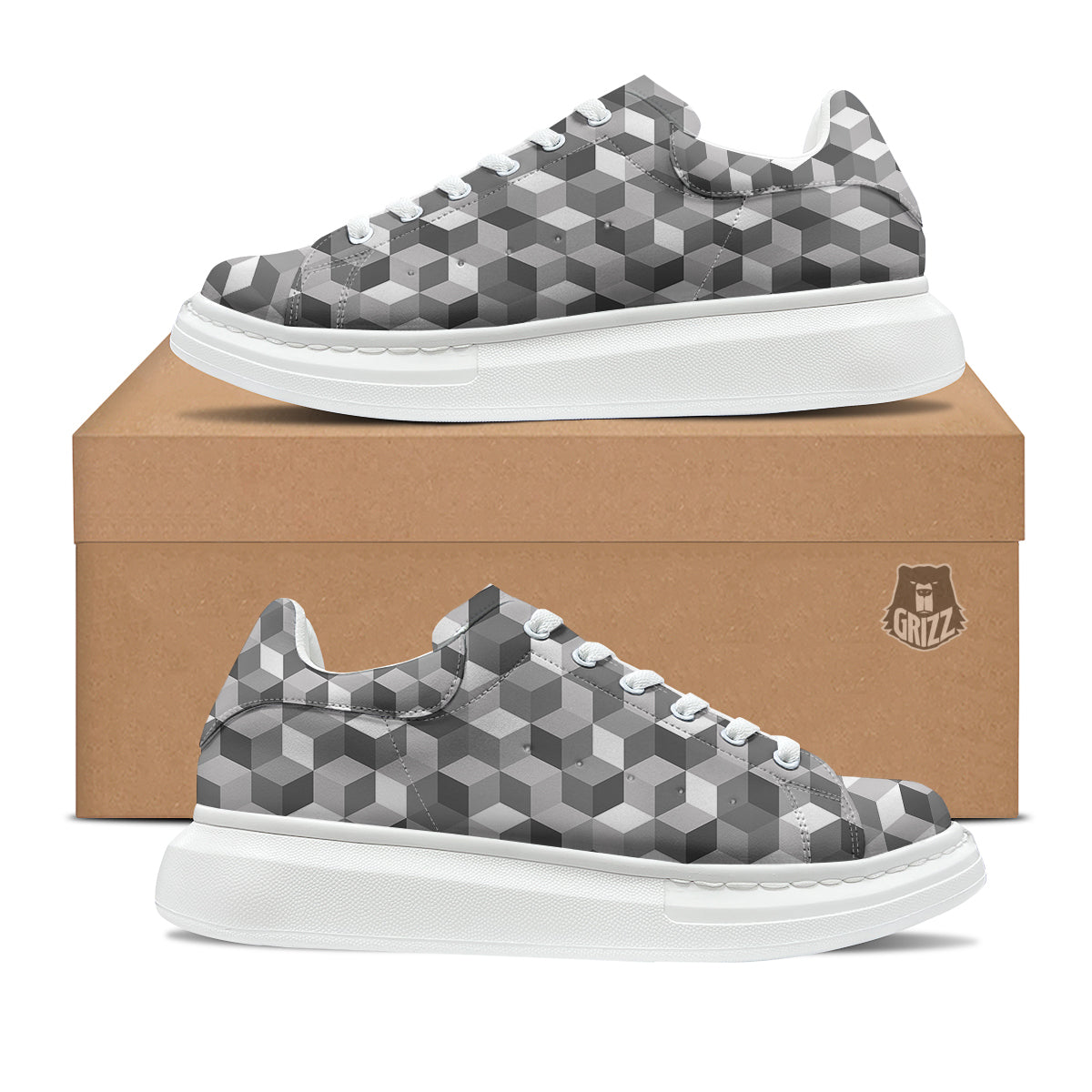 Cube Geometric Shape White Print Pattern Platform Shoes-grizzshop