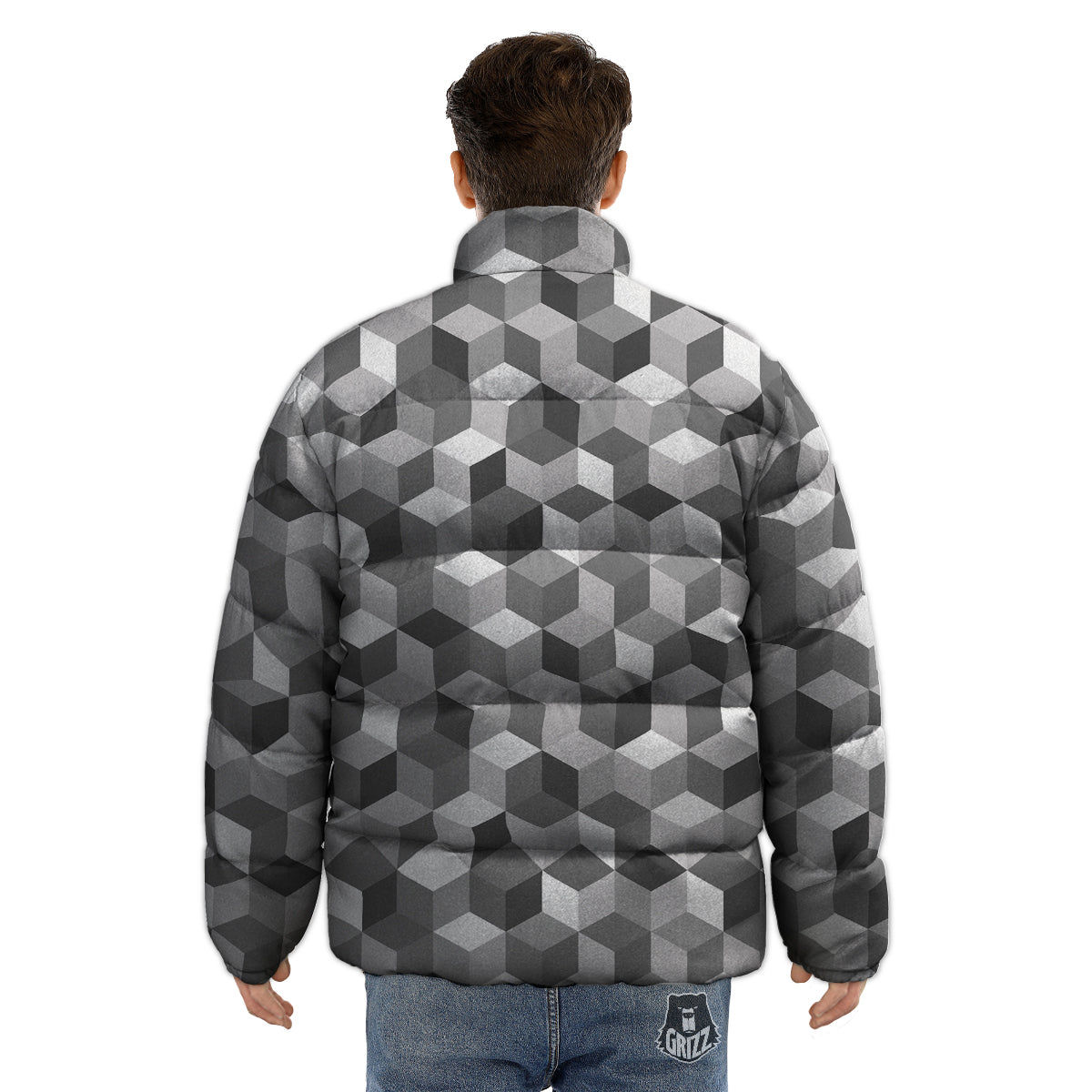 Cube Geometric Shape White Print Pattern Puffer Jacket-grizzshop